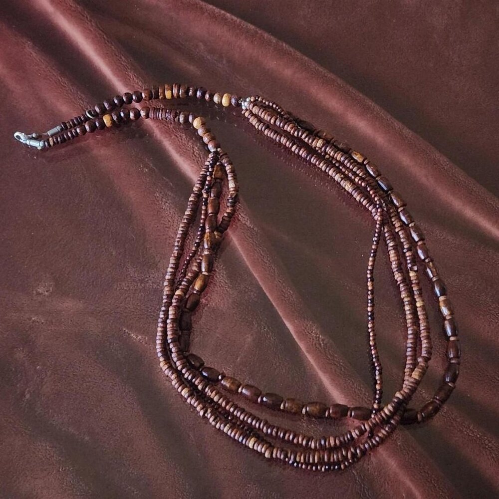 Vintage Y2K boho long beaded 4-strand wood necklace.